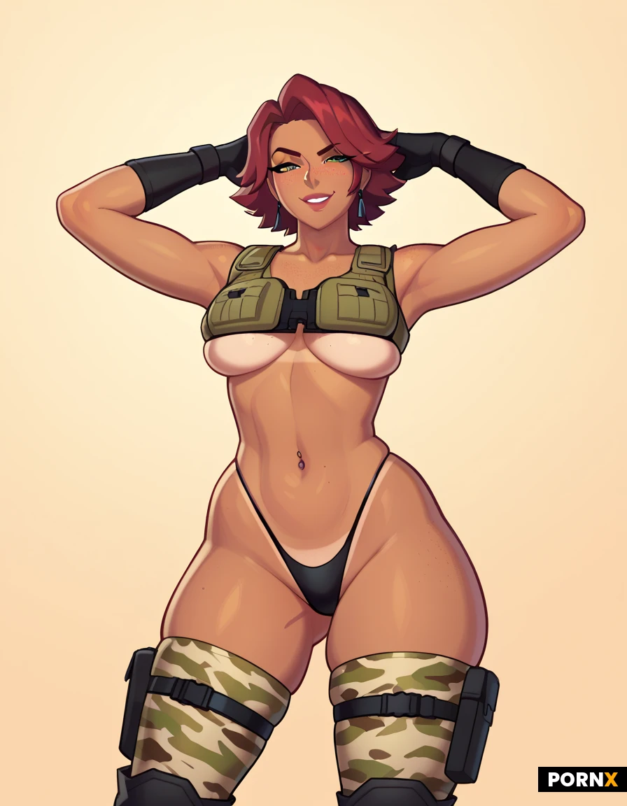 An athletic white 25 year old woman with really short fluffy dark maroon hair, a smirk on her face, freckles on her cheeks, wearing an olive and tan camouflage tactical vest that present her small perky breast, a matching thong accentuates her hips, modeling her athletic boots, in a dark desert terrain with a dust storm approaching. Sexy, canon eos r, 50mm at f/1.8, view from down low