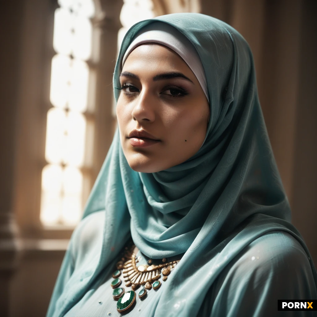 masterpiece, best quality, highres, absurdres, 1girl, solo, Persian, 30s, curvy, huge_breast, slim_waist, large_butt, fat_pussy_lips, black_hair, hime_cut, medium_hair, duck_face, hijab, jewels, looking_at_viewer, soft_light, backlit, portrait