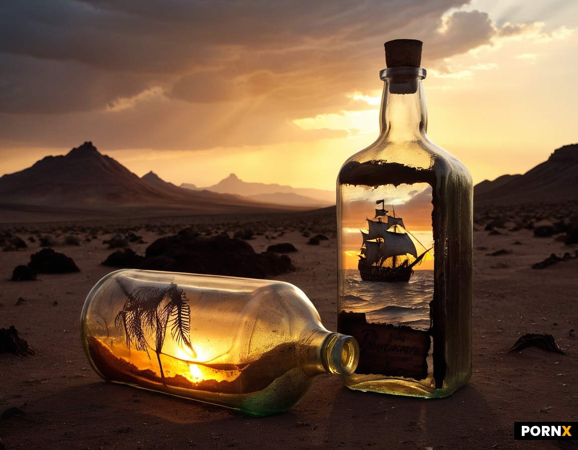 Large glass bottle with a pirate ship on a stormy sea inside