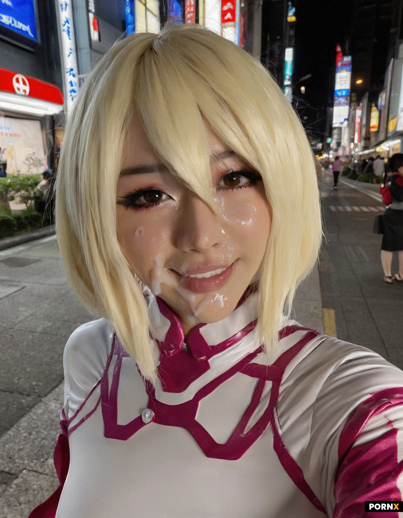 19 yo japanese cosplayer. Very beautyfull. A lot of cum on her face. Cumcovered face. Shy smile. Eyecontact. Huge facial cumshots.Posing at night in Tokyo. Wearing a sexy futuristic costume.