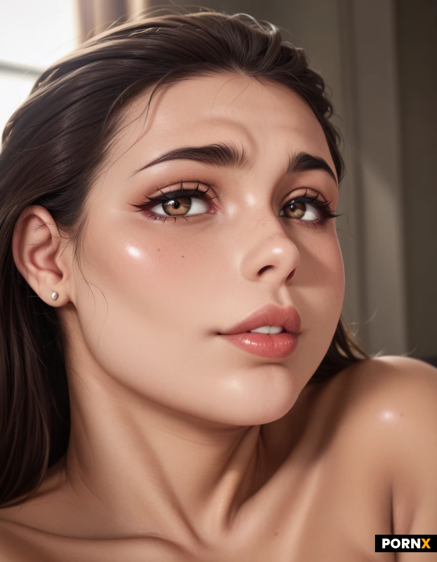 A close up shot of latina's lips, parted slightly, glistening with moisture as she bites down gently on her lower lip, her eyes dark and challenging.