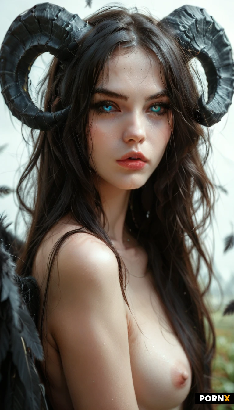 Meadow,black ram horned demon,cute face,high quality,pale skin,medium-large teardrop breasts,pleased expression,long hair, naked,messy black hair,blue eye colour,black sclera,black feather wings,(black ram horns:1.4),