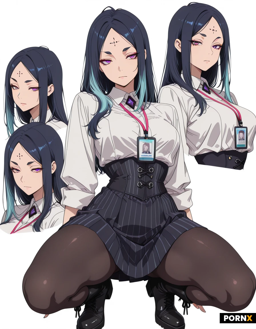Masterpiece, best quality, anime character sheet style, full-body and portrait views. A 30s woman with a sharp, elegant look. She has distinctive dark blue hair styled into voluminous swept-back shapes with teal and light blue highlights, exposing a high forehead marked with two dark diamond/oval cosmetic dots above her eyebrows. Striking sharp purple eyes with intense gaze, thin eyebrows. She is wearing a professional white button-down collared shirt with rolled-up sleeves, a dark navy blue striped high-waisted corset-style skirt with vertical pinstripes, a lanyard with an ID badge around her neck, opaque black tights, and dark blue short boots. Clean lines, flat shading anime style, vibrant colors, squatting with legs apart.