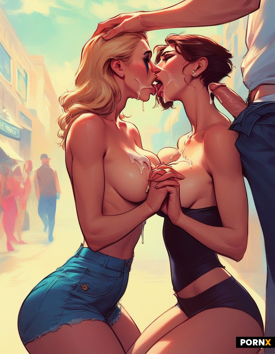 A blonde woman and a brunette woman are kneeling together in a city street and holding hands