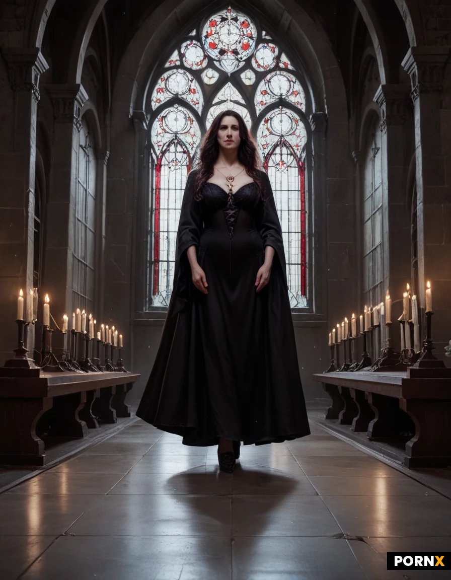 full body shot, naked female witch, pale porcelain skin, long flowing dark obsidian hair, abandoned gothic church interior, occult magic ceremony, midnight, flickering candle light, dramatic chiaroscuro, atmospheric smoke, ancient crumbling stone architecture, vaulted ceilings, gothic arches, ritual circles on floor, floating embers, deep blacks and warm gold tones, mysterious mood, cinematic composition, hyper-realistic, highly detailed skin texture, sharp focus, 8k UHD, masterpiece, photorealistic, intricate textures, volumetric lighting