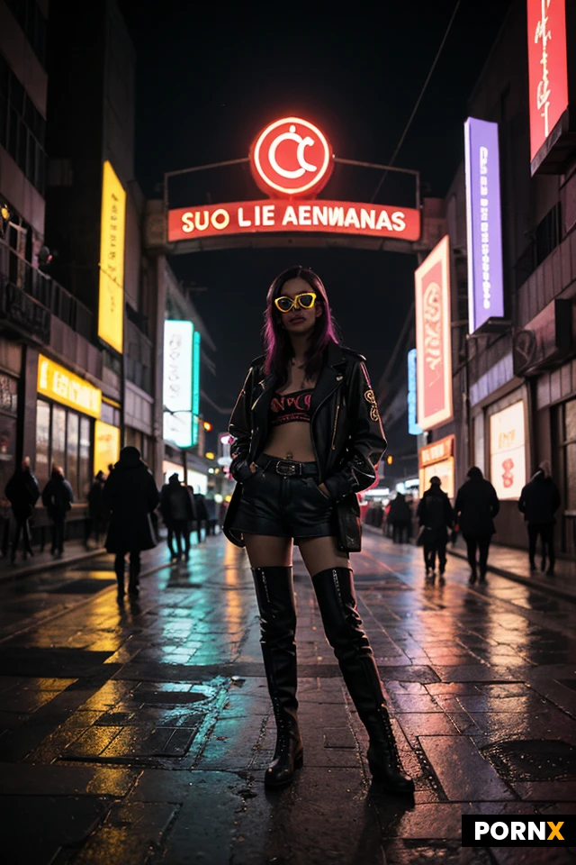 ciudad cyberpunk, noche, lluvia, calle, vapor, chica asiática, casual, chaqueta, vaqueros, gafas de sol, máscara, armadura guantes, botas, cyberpunk, unreal engine, obra maestra, fotorrealista, cinematográfico, escena oscura, neon, iluminación borde, reflexiones mojadas.