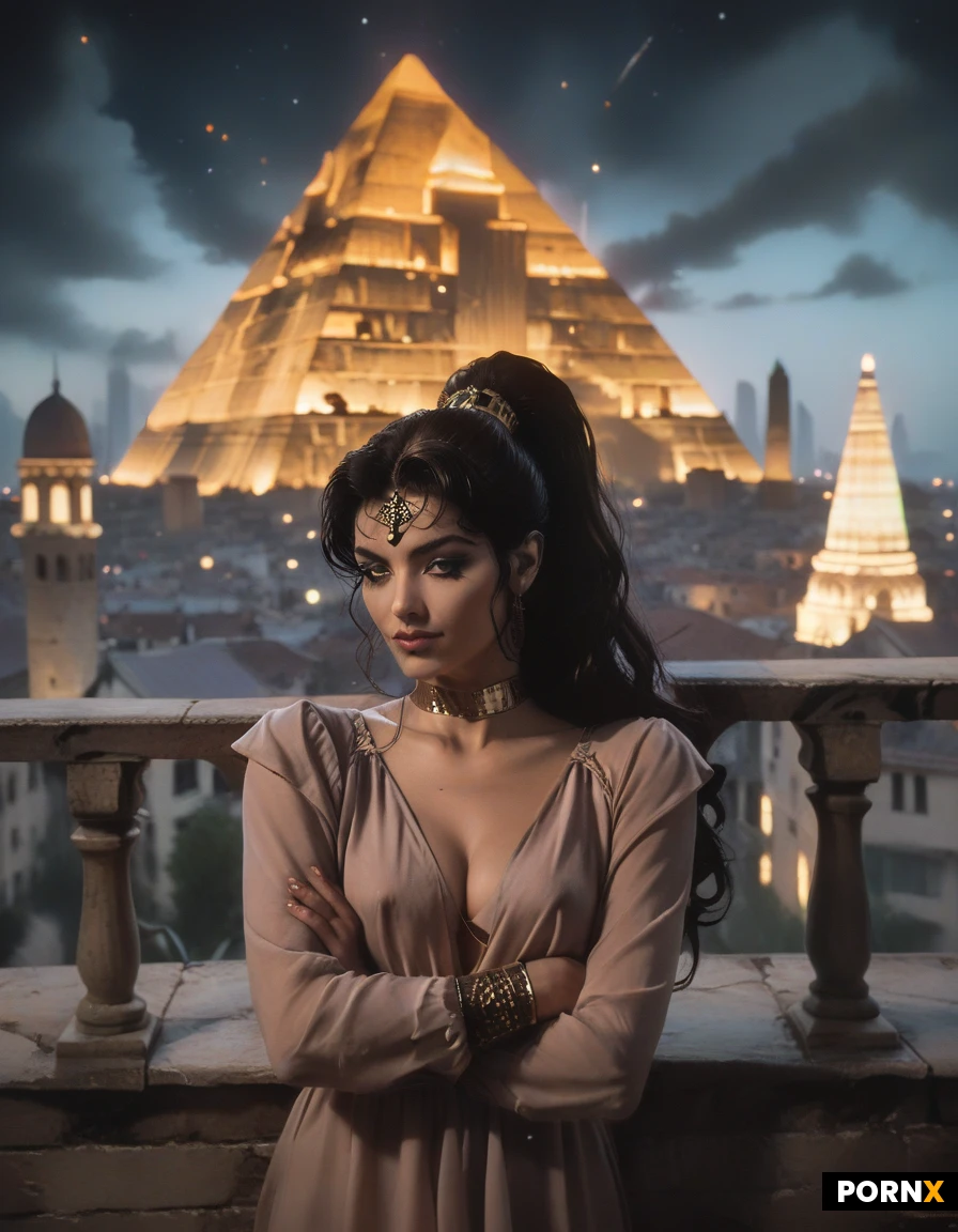 A sultry, dark-skinned Egyptian woman in her twenties stands on a balcony that overlooks a glittering pyramid-filled city at night, her lithe body completely naked except for a shimmering gold choker that rests against her throat. She gazes directly at the camera, her black hair pulled into a high ponytail with soft, slightly longer bangs framing a flawless face, her large brown eyes accentuated by bold gold eyeshadow and a subtle, seductive smile. Her round, firm breasts are pushed together, creating a deep, generous cleavage; puffy, dark areolas and hard, dark nipples are clearly visible against her smooth skin, emphasized by the cool moonlight that creates a delicate rim of highlight along her curves. Shot in a close-up portrait style with a shallow depth of field, the composition captures the rich contrast of the night sky, the glowing pyramids in the background, and the intimate, cinematic glow that bathes her body, rendered in ultra-realistic 8K digital photography.