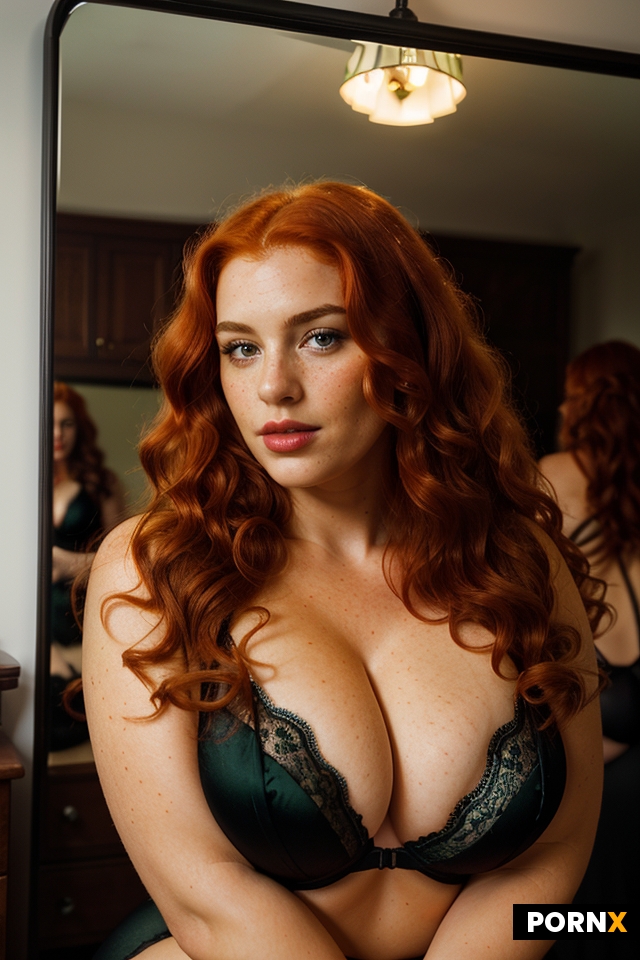 Close-up mirror reflection of a voluptuous red-haired woman with curly fiery hair