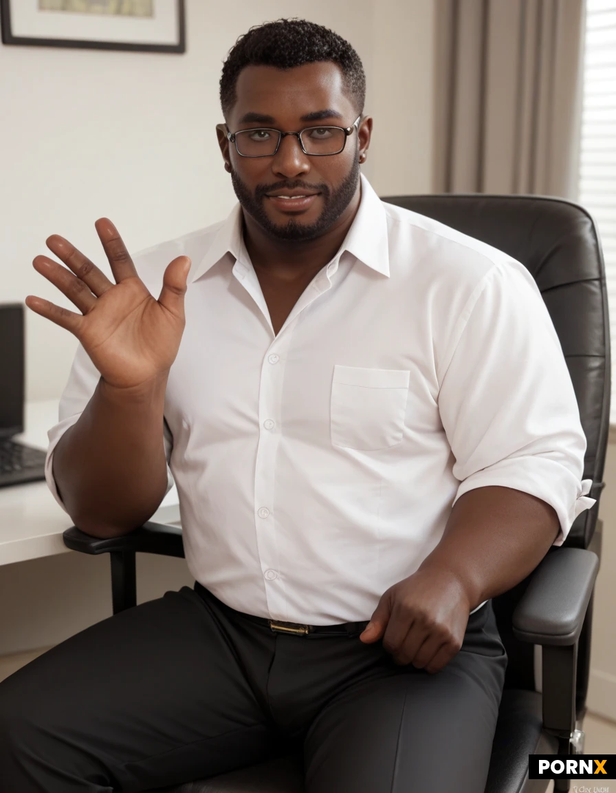 alone, 50 years old, black skinned man, balding, glasses, white office shirt, black office pants, overweight, relaxed, one hand waving hello, sitting in chair. therapy room.