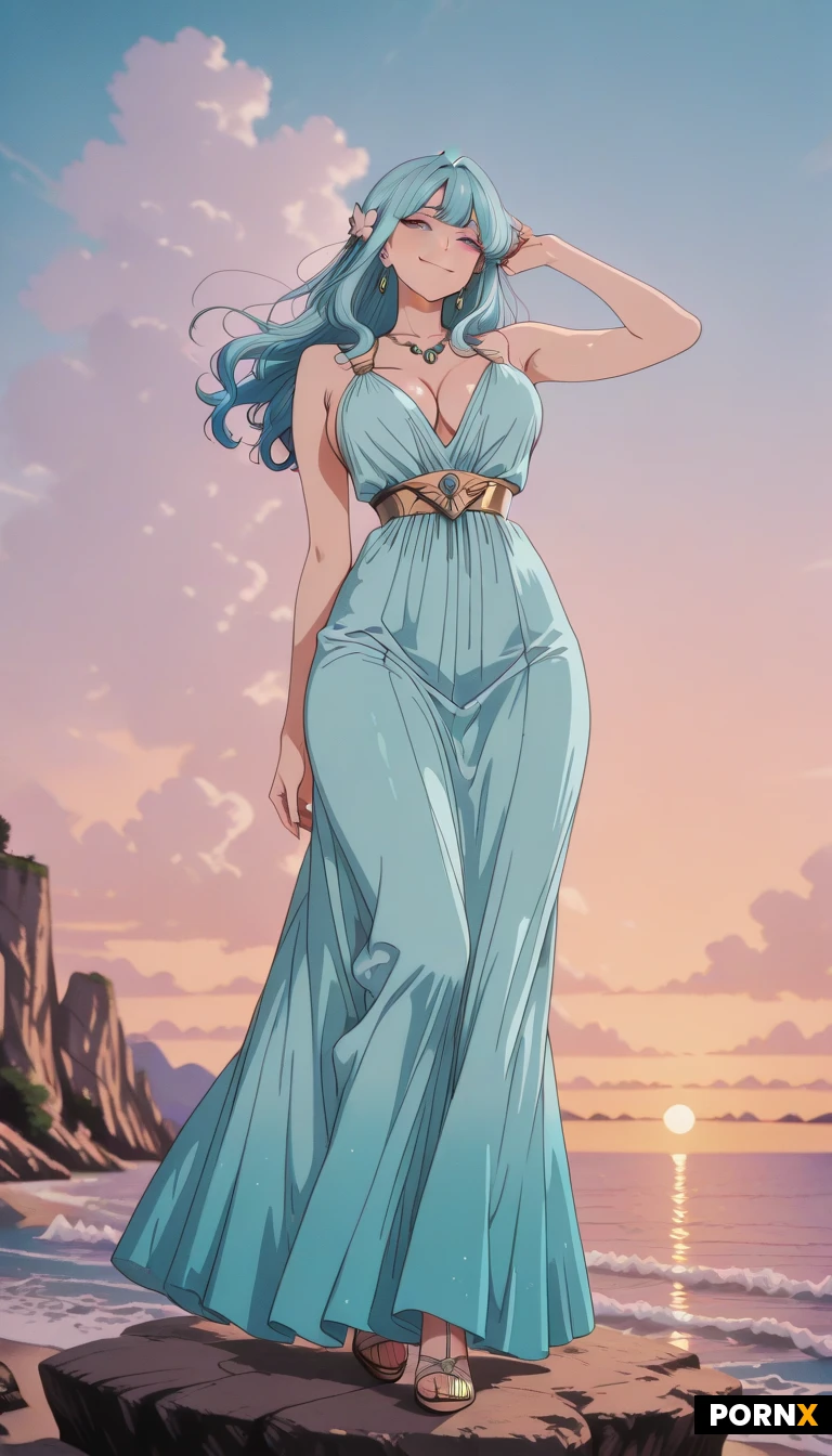 An elegant adult woman with cascading aqua-blue hair that shimmers like seafoam, her full, oversized breasts accentuated by a form-fitting white and turquoise dress adorned with iridescent shell ornaments that cling to her curves, stands poised on a rugged seaside cliff as towering waves crash beneath her feet; her gentle yet regal expression is captured in a soft, confident smile and slightly narrowed eyes, a delicate breeze lifting strands of hair and the hem of the dress. The scene is lit by golden sunset light that creates a warm rim around her silhouette, while subtle volumetric clouds fill a watercolor-like painted sky in pastel pinks and purples, casting a dreamy 80s fantasy anime glow. Shot from a low, slightly off-center angle with shallow depth of field, the camera frames her from the hips up, emphasizing her curvaceous figure and the intricate texture of the dress, while the background blurs into soft, cel-shaded cliffs and foam-sprayed sea. The overall aesthetic combines retro anime stylings with lush watercolor brushstrokes and crisp cel shading, delivering a nostalgic yet vivid visual that celebrates her sensual presence against the dramatic coastal landscape.