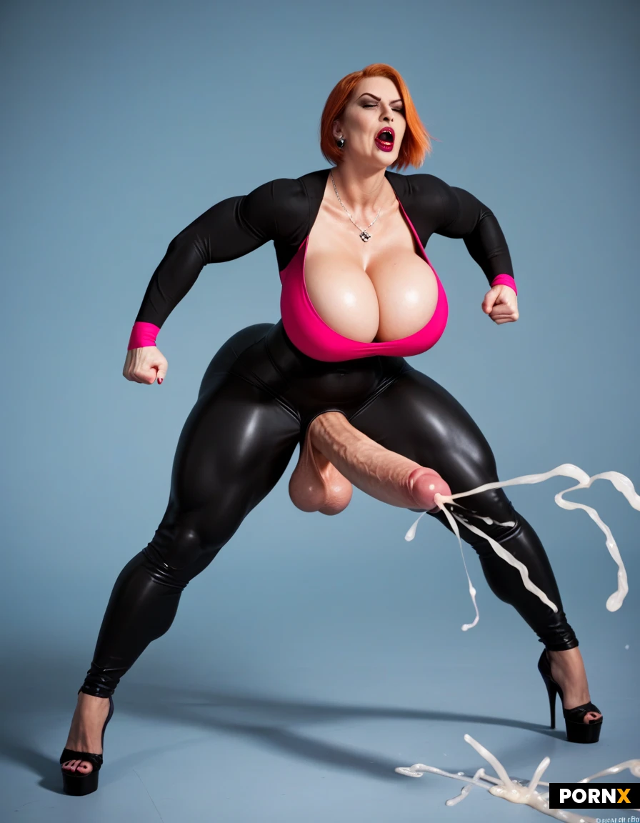Futanari,(goth),(orange hair),(milf),(large breasts:1.5),(cleavage),(pink clothes),(big cock),(long cock),high heels,tight long sleeve,(tight clothes),(cumming:1.6),(orgasm:1.3),(dominant stance:1.5),(power stance),(solo),standing,(domineering),hands on hips,feminine arms,(straight hair),(bob cut),(thrusting hips forward:1.3)