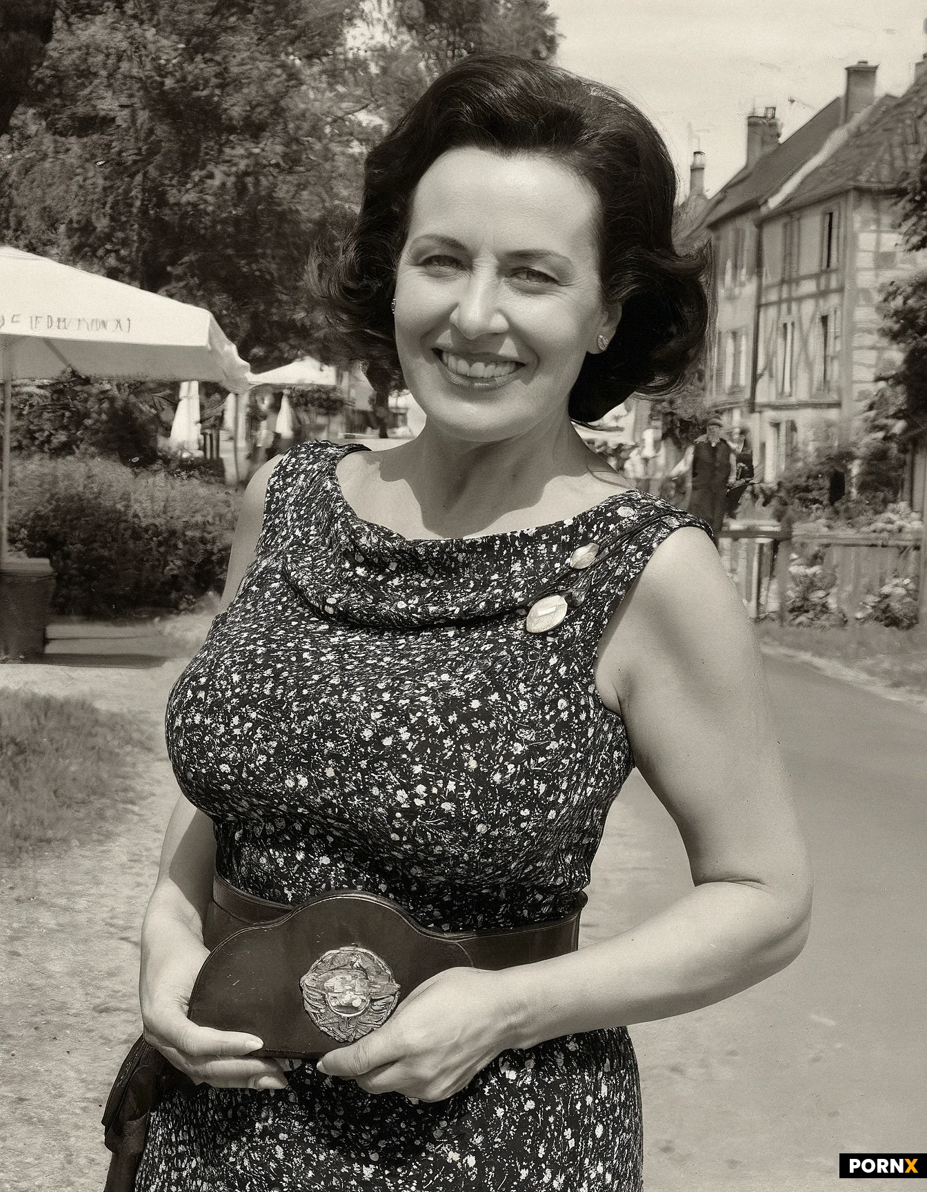 Absurdres, portrait, shy_woman, 50_years_old, pretty, French-(bretonne), plumpish, torpedo_breasts, smile, jewelry, summer_floral_dress, Normandy, outdoor, Liberation_of_Normandy_party, posing_for_photo-souvenir, 1944, D-Day, black_&_white_ferrotype_photo_filter, photo-paper,