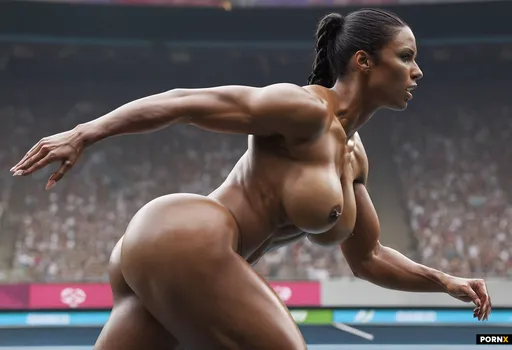 A completely naked beautiful female Olympic athlete with sprinter’s muscles and slightly curvy