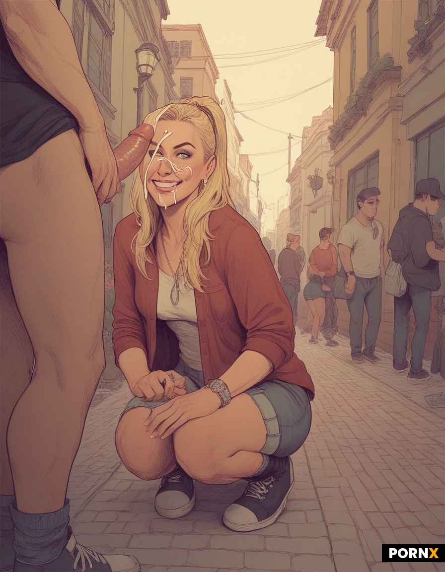 Blonde female on knees cum on face penis cumshot crowded public street medium distance picture smile