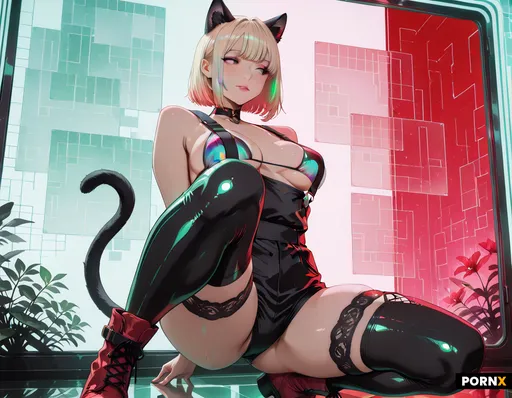 A 20 years old feline humanoid woman with blonde hair and cat ears