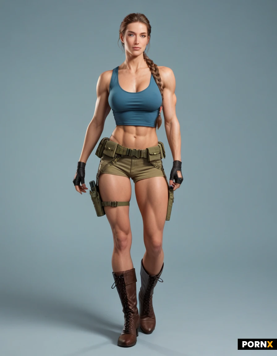 Physique: A highly athletic, muscular, and slender build, designed for action and acrobatics. Hair: Long chestnut or brown hair, always tied back in a long, tight braid that swings against her back when she runs. Top: A very form-fitting tank top (sleeveless cotton) in mint green or light turquoise. Bottoms: Very short brown or khaki shorts. Accessories: Dark brown or black fingerless gloves and tall, lace-up soldier's boots, A tactical belt around her waist featuring holsters on each thigh, where her two automatic pistols are kept.