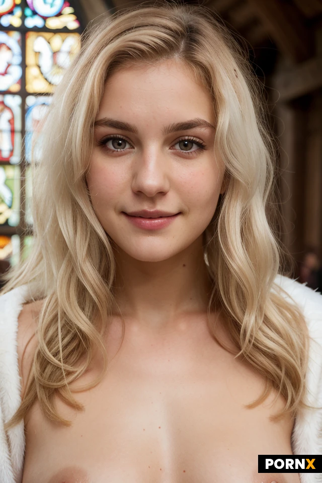 Woman, One, Fat, Thick, Naked, Dark scene, Closeup Portrait, White skin, Pale skin, 18 Years old, Small breasts, Small ass, Cute face, Beauty face, Happy face, White, German, Church, Brown eye color, Blonde hair, Pubic hair, White hair, Messy hair, Curly hair, Viking costume, Mountains