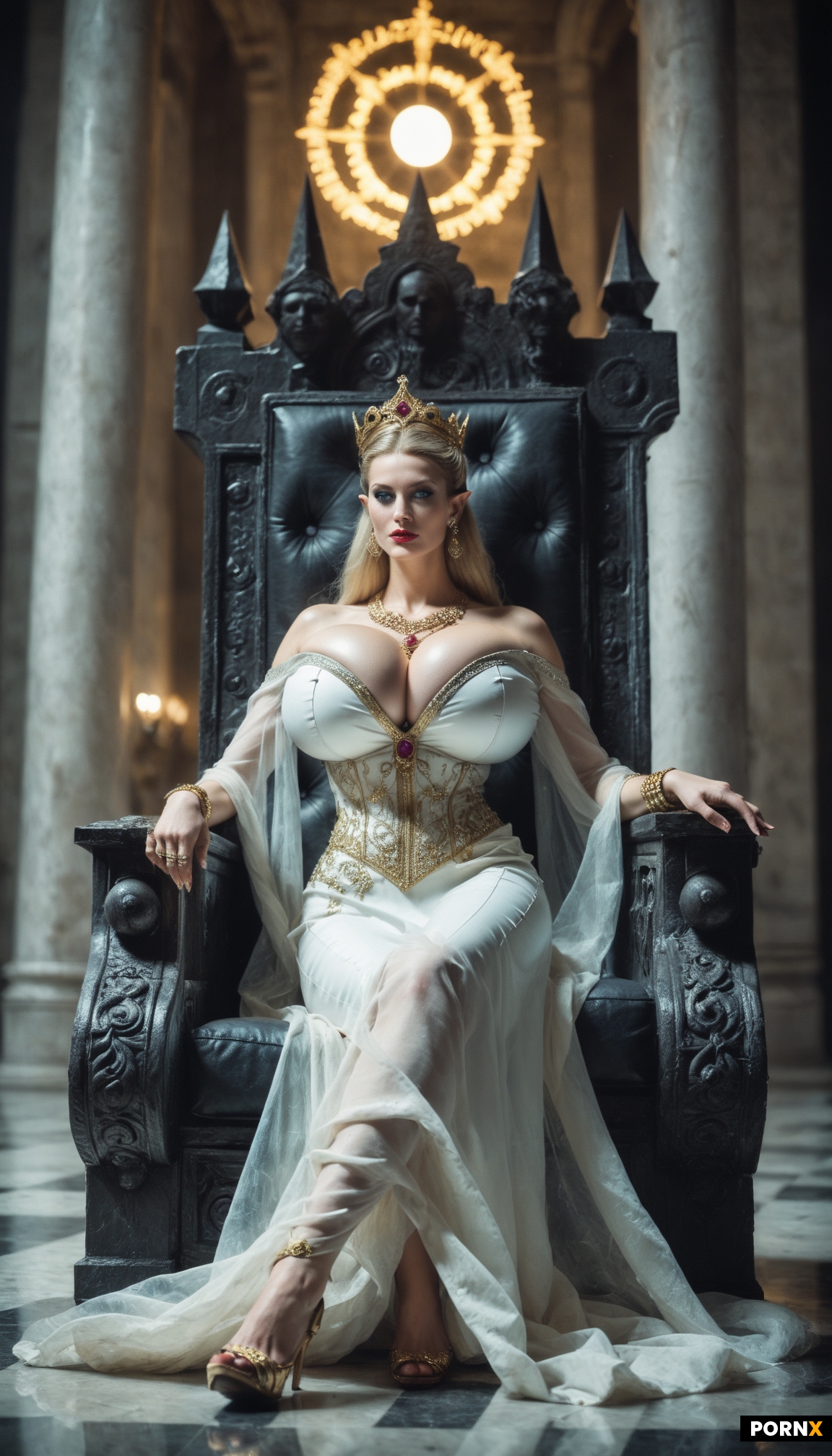 opulent high‑elf princess seated on a colossal throne