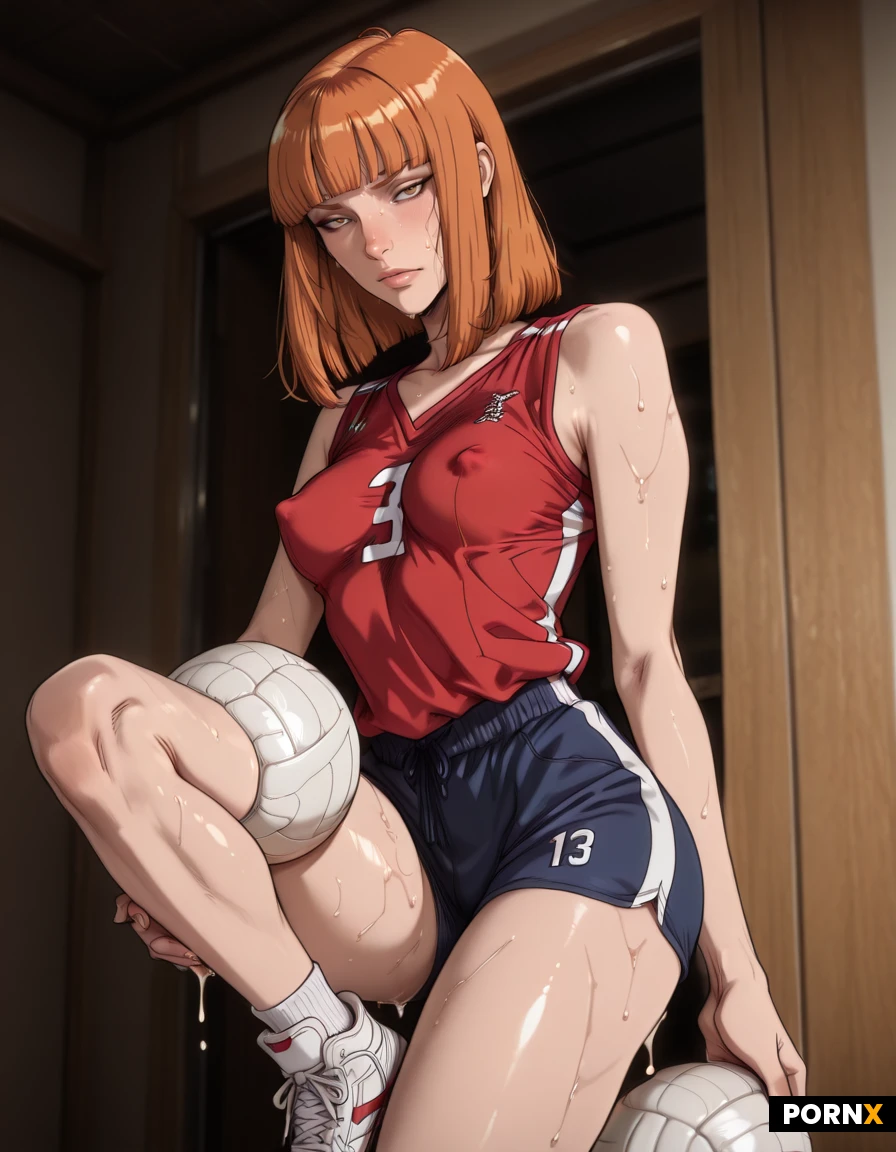 Sweaty volleyball slut sharp aquiline nose, long brown ponytail, red jersey with white number 13 pulled up exposing her big soft tits, navy blue shorts, white knee pads, white sneakers, holding a white volleyball under one arm, body covered in sweat and cum dripping from her nipples, looking at the viewer with a snarky expression, highly detailed explicit, Andava style