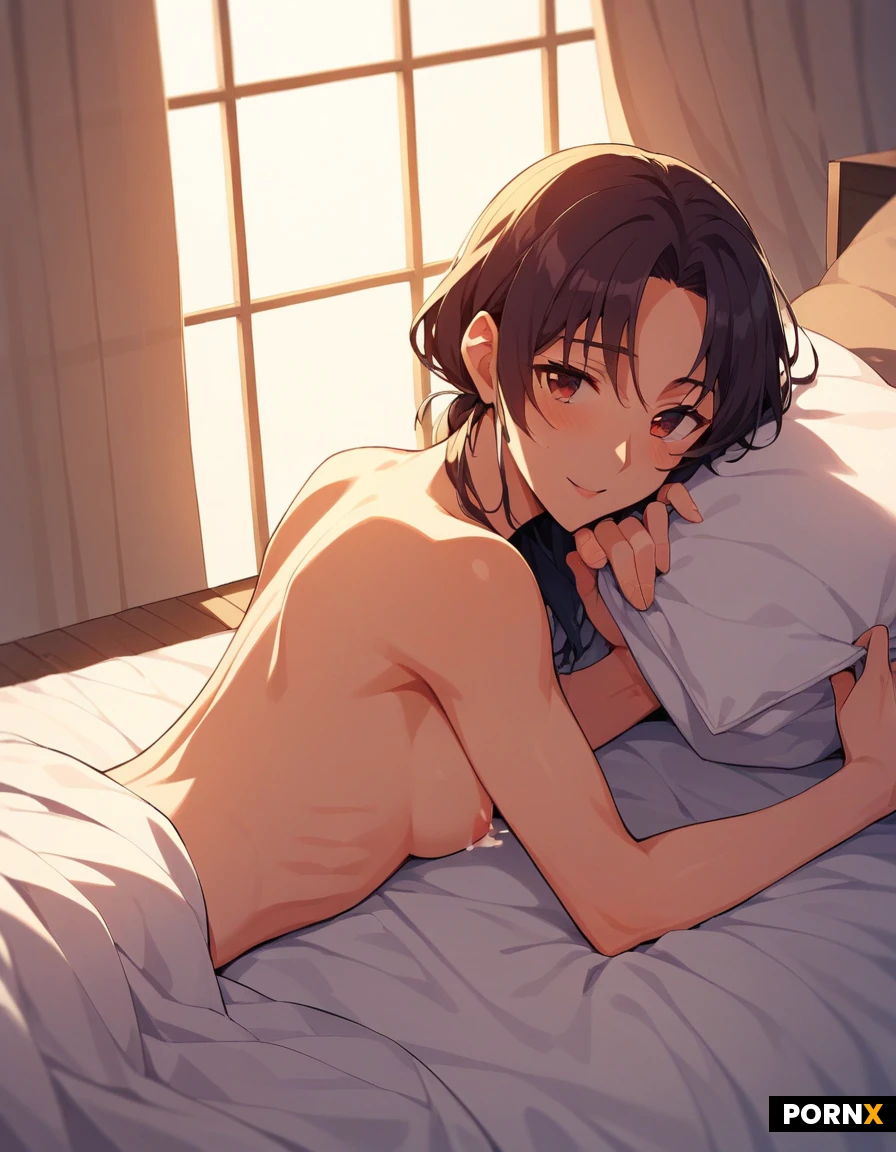 (anime,2d, beautiful 2d anime art style), beautiful, woman, laying in bed, cute anime eyes, cute, small cute perky breasts, perky, perfect body, dainty, athletic, hourglass figure, naked, sexy body, side view, erotic, sexual, breast milk dripping from her breasts, soft lighting,