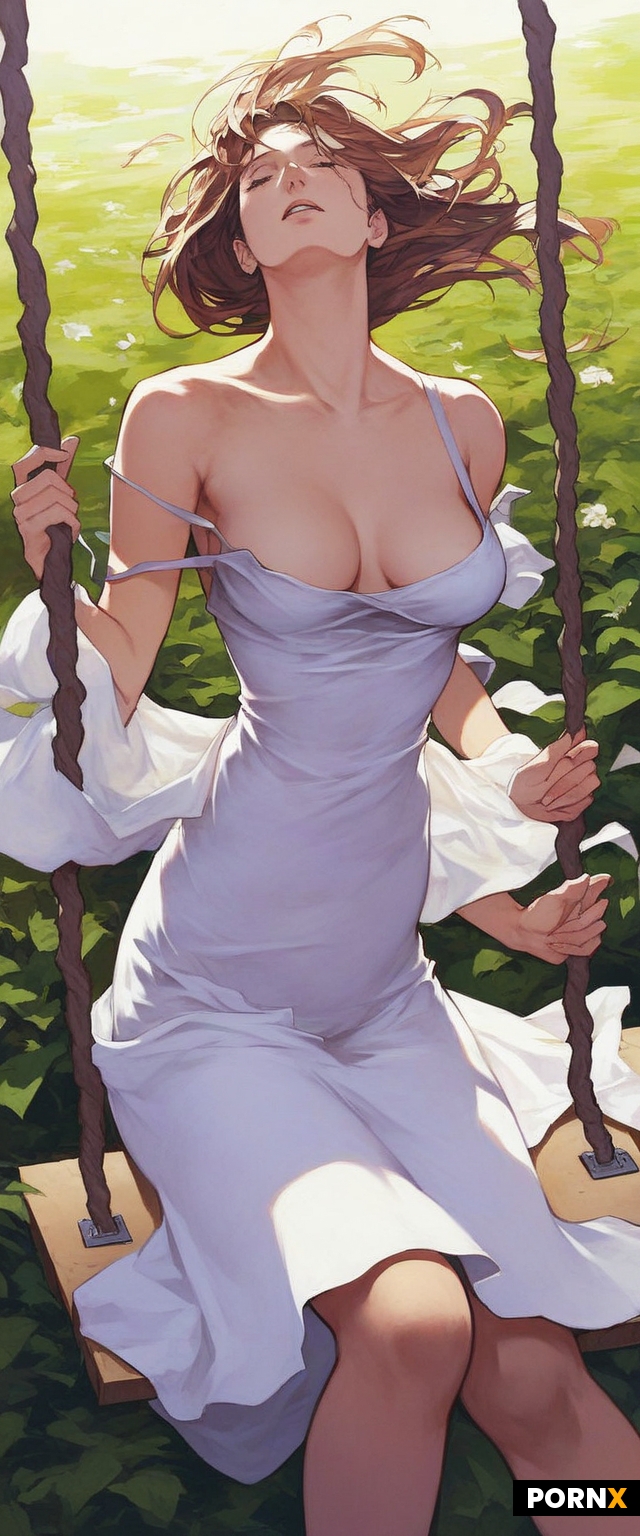 Fate stay night anime style woman sitting on swing in a garden