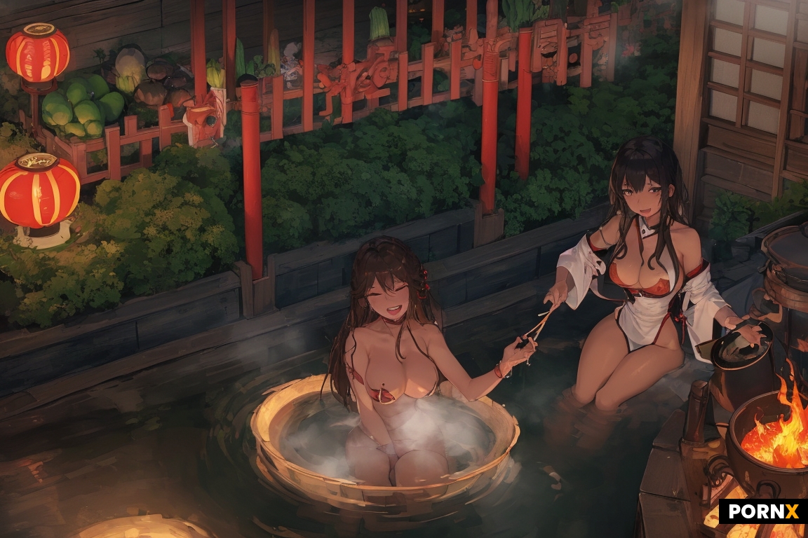 Naked Japanese woman tied up with legs up in a steaming cauldron while a Chinese woman in lingerie s