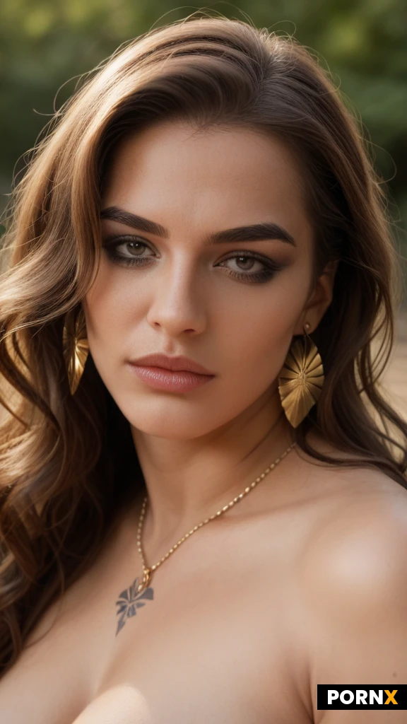 masterpiece, best quality, highres, absurdres, 1girl, solo, close_up, looking_at_viewer, long_hair, wavy_hair, brown_hair, hair_highlight, oval_face, smoky_eye_makeup, dark_eyebrows, natural_lips, black_and_grey_tattoo, gold_earring, geometric_earring, intense_gaze, cinematic_lighting, moody, photorealistic, 8k_resolution