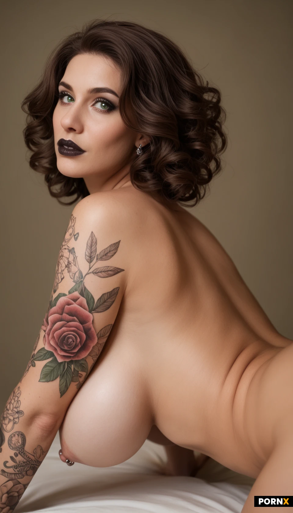 A European goth slut, Czech woman, age 30, (doggy style pose), facing away with her knees set wide apart, leaning forward, bent over, arched back. Dynamic angle, close-up on breasts, (View from behind:1.5), curly, caramel-brown colored hair, (shaggy haircut:1.2), colorful makeup, mesmerizing (green-hazel colored eyes:1.2), looking back, gazing directly at the viewer with a seductive expression, lips slightly parted. Extra long eyelashes, plump lips with sharp peaks, dark lipstick. Topless, her arms at her side, pressing her breasts inward, showcasing her (naturally massive breasts:1.2), pierced nipples, torso heavily tattooed, floral sleeve tattoos. Golden hour lighting softly illuminates her face and hair, adding a gentle glow. Highly detailed, semi-realistic, 8K.