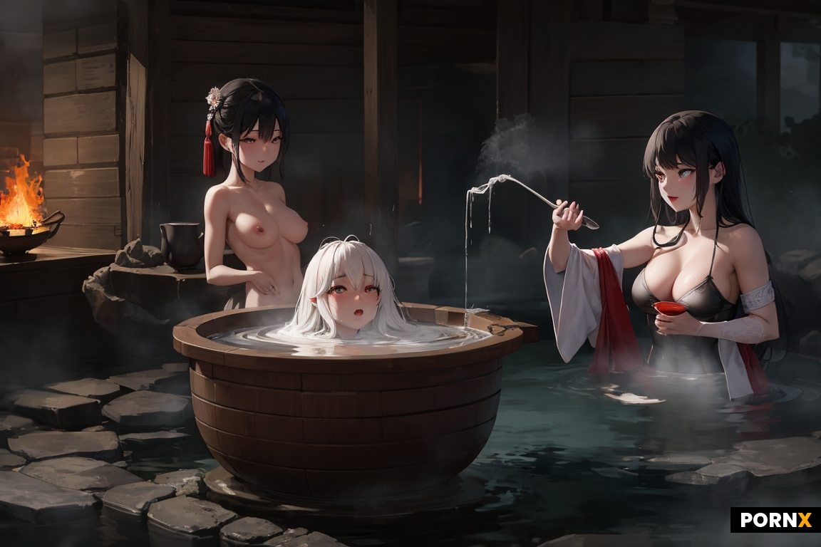 Naked Japanese woman bathing in a steaming cauldron while a Chinese woman in lingerie stands over he