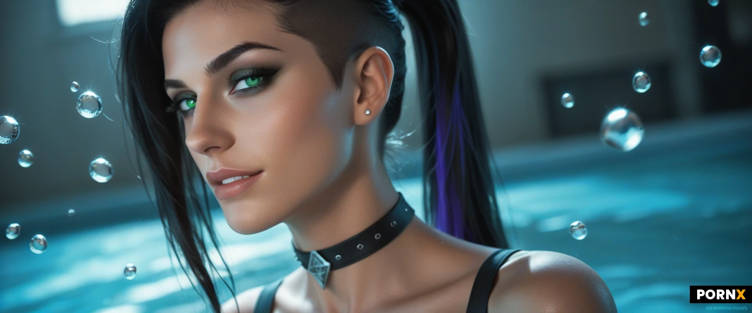 masterpiece, best quality, highres, absurdres, 1 very seductive supermodel woman, slender pointed nose, wide jaw, solo, looking_at_viewer_very_intimately, dynamic angle, close-up face, sexy body in the background, long hair, black hair, purple highlights, sidecut, ponytail, brilliant luminous green eyes, heavy black eyeshadow, heavy black mascara, heavy black eyeliner, dark tan skin, sly half smirk, bedroom eyes, seductive and horny, choker, topless, toned body, deep cleavage, round perky breasts, spherical breasts, medium-large breasts, water droplets on her skin, a cock is touching her nipples, erect nipples, high contrast, vibrant colors