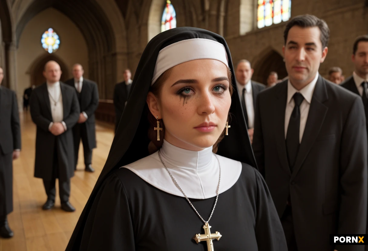 20yo girl. small face. cute face. big eyes. freckles. stub nose.
small breasts. blue eyes. black eyeliner. braided hair. black eyeliner. cross earrings.
sexy nun costume. shy. running mascara.
hands folded.
she is standing in the middle. surrounded by old guys in a suit.
in church with many people looking at her. bokeh