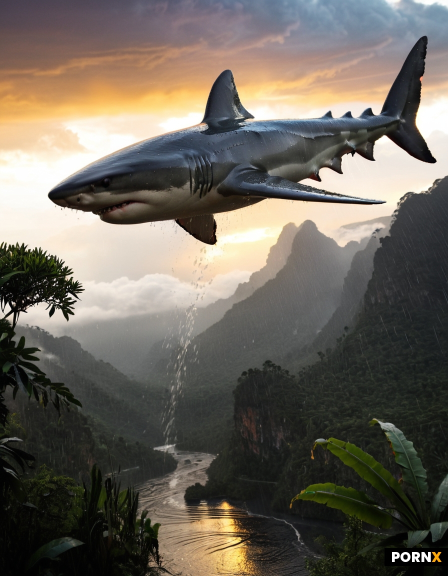 A shark with giant wings flying in the sky