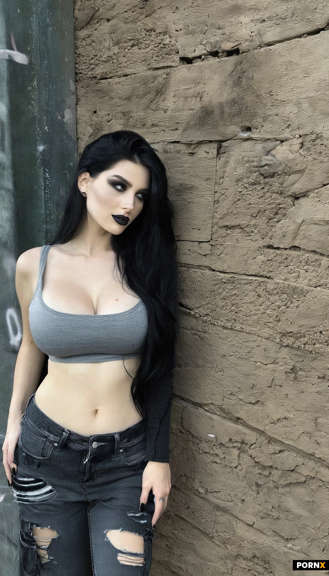 post apocalypse,wasteland,night,
Female,20 years old,pale skin,very slim body,blue eye color,black hair,medium-long hair,messy hair,big breasts,black makeup,black lipstick,black nails,dirty_skin,
grey top,jeans,ripped clothes,relaxing,(one breasts exposed:1)(undressing:1),leaning against wall, exposed underwear