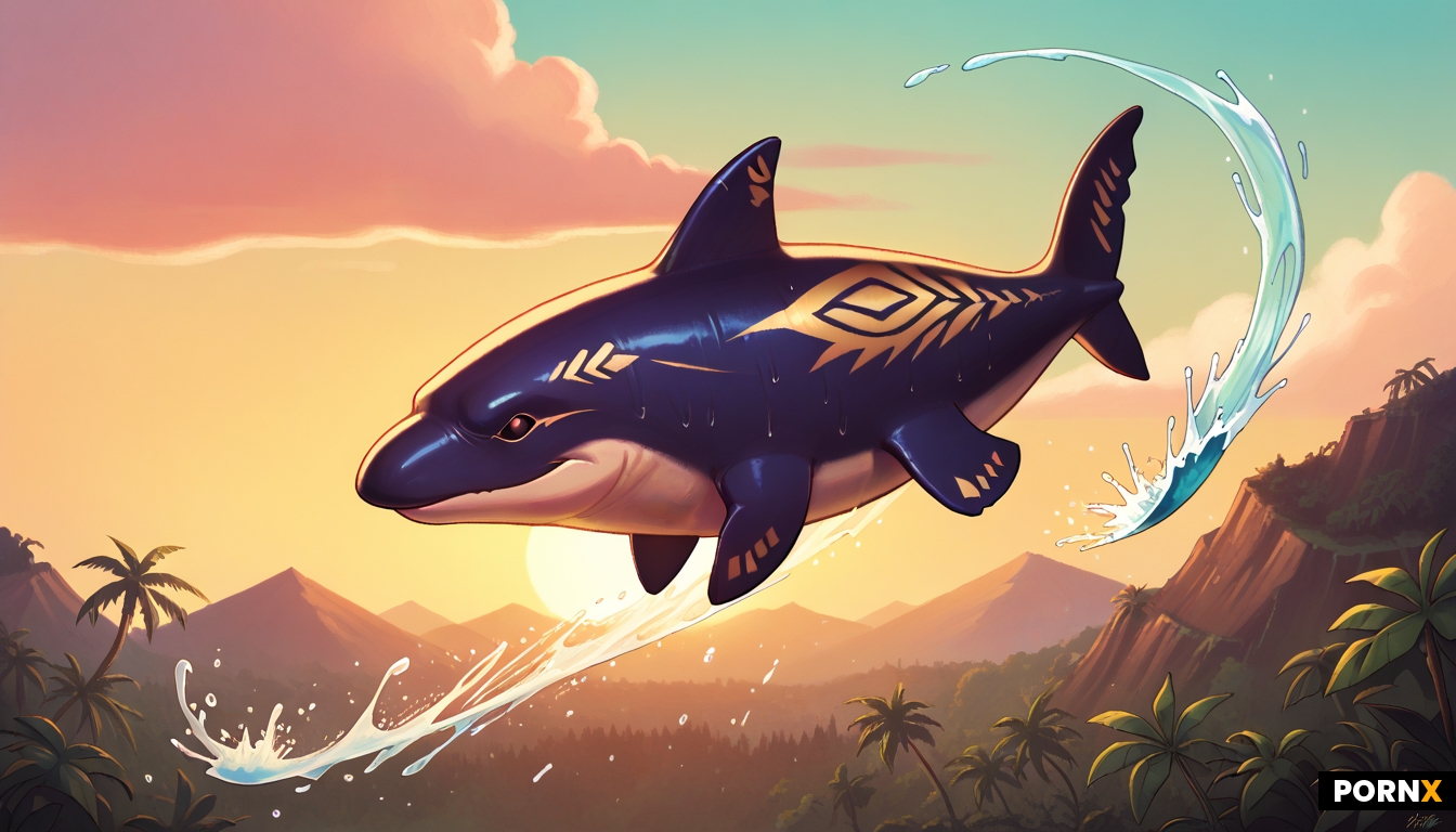 A black and gold whale with intricate filigree flying in the sky