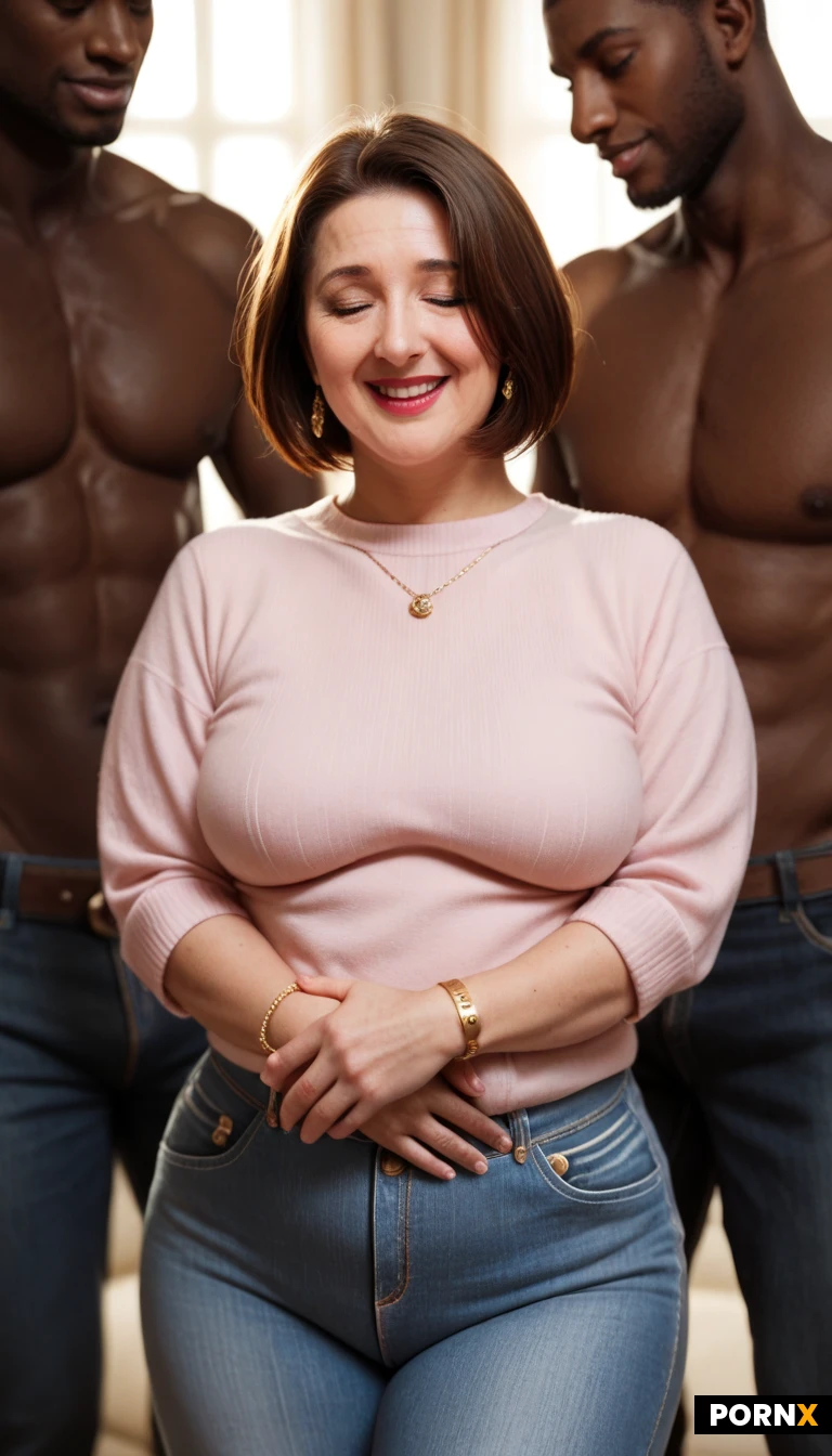 1girl,close_face_view,cute plump mom,beautiful face,brunette hair,wavy short hair,plump arms,medium breasts,wide hips,gold bracelets,thick pink sweater,sleeves rolled,jeans,lipstick,open_mouth,eyes closed,shy smile,standing ,warm lighting,living room,interracial gangbang,muscular African men,nude men,