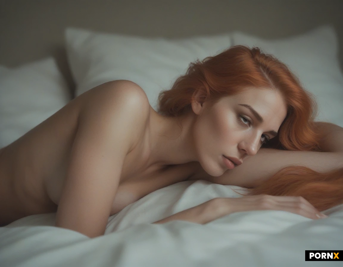 View from side, bedroom, a long fluffy blond ginger hair 19 years woman is on and kiss a lying blond hair 19 years woman, pale skin, rounded breasts, cute face, skinny, horny, warm light, slightly hairy pussy, doggystyle fucked by a small blond man with tiny penis