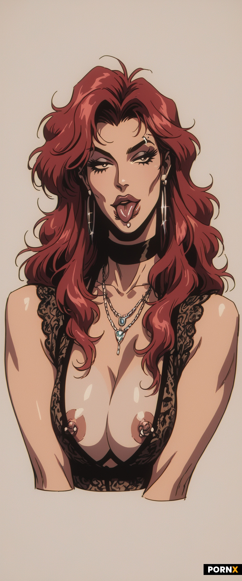 A woman with bright red hair poses with her tongue out