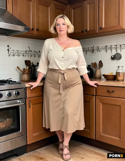 She stands in a rustic kitchen