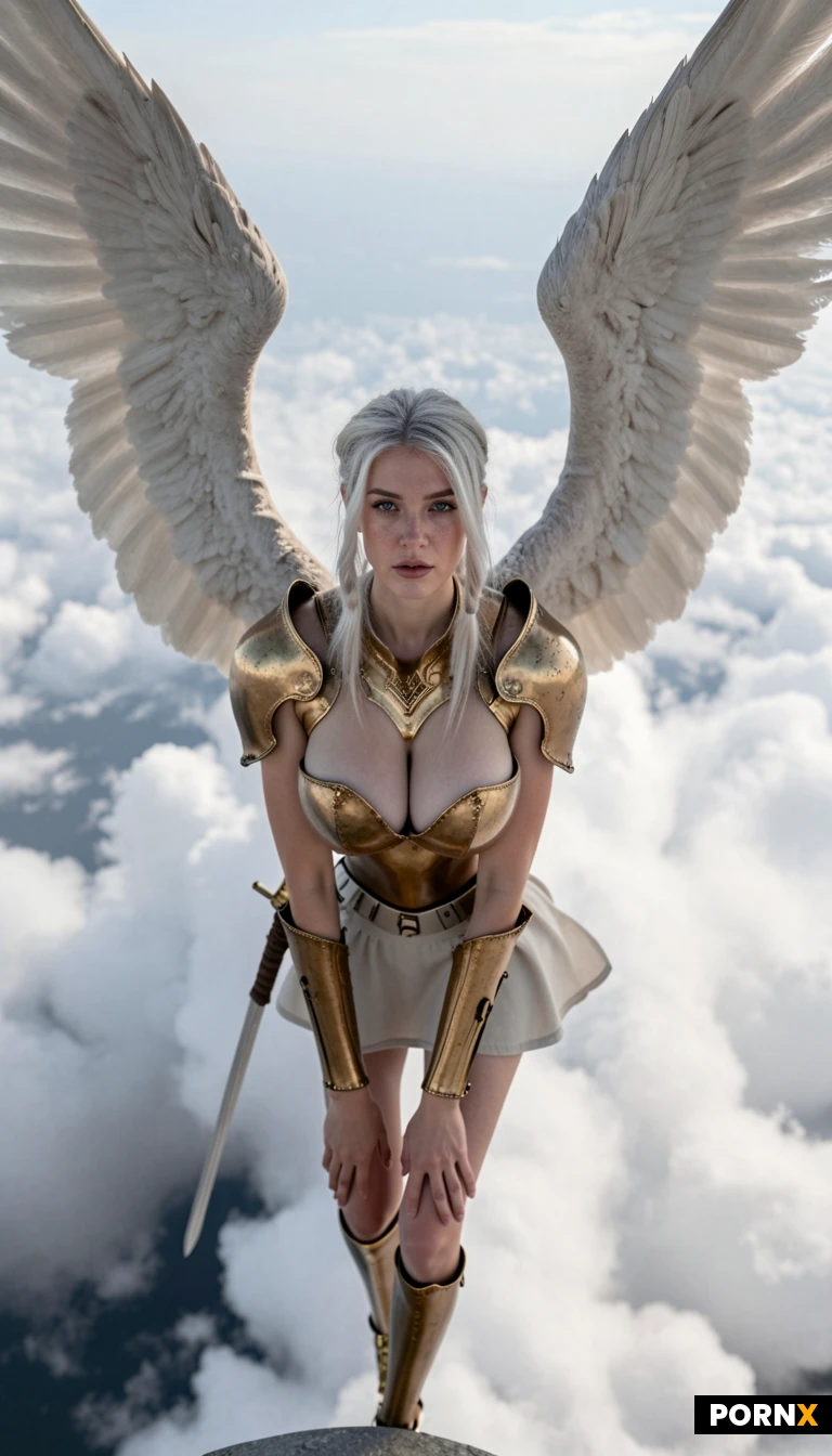 fantasy,day,bright light,flying above ground,flying in clouds,view from knees above,
white angel wings,
gold armor,long white skirt,sword,sexy pose,