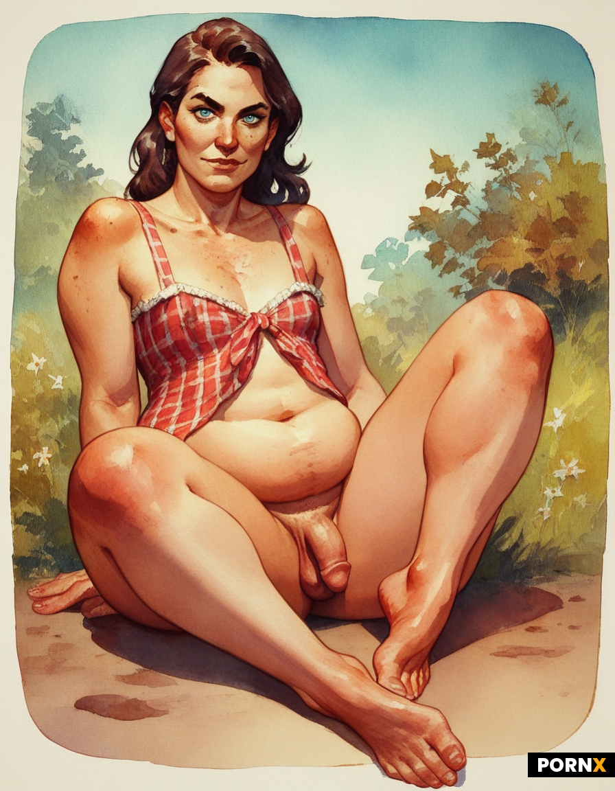 A closeup portrait of a mature smirking fat chubby crossdresser farmgirl with fair skin and bare fee