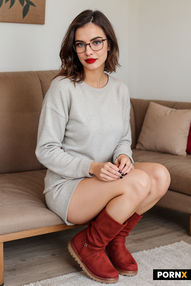 Woman wearing casual outfit with Ugg boots with messy hair with glasses and red lipstick