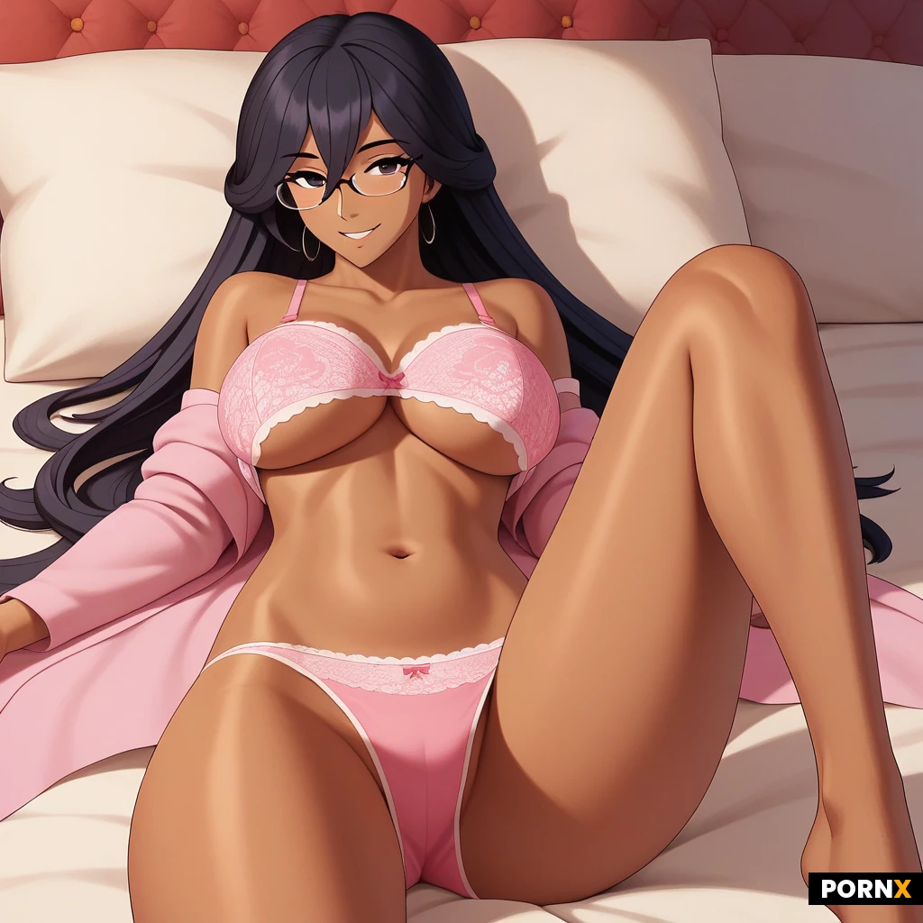 solo, 20s, Cute girls, smile, brown skin, (rendered in ultra-detailed anime eyes:1.4), clear-rimmed glasses, jewelry, black hair, long lenght hair, bangs hair, big and soft breasts, slender thighs, slim body, cute face, look at you, (pink lance mini bra), panties. (scene is seductive pose on bed, bedroom in background, full scene view, day light), sunlight. rendered in ultra-detailed, high-resolution anime style with crisp linework.