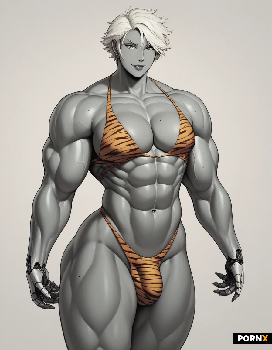 Bulge. Futa queer. Androgynous. Tiger print thong. (Muscular :1.6). Cyborg skin