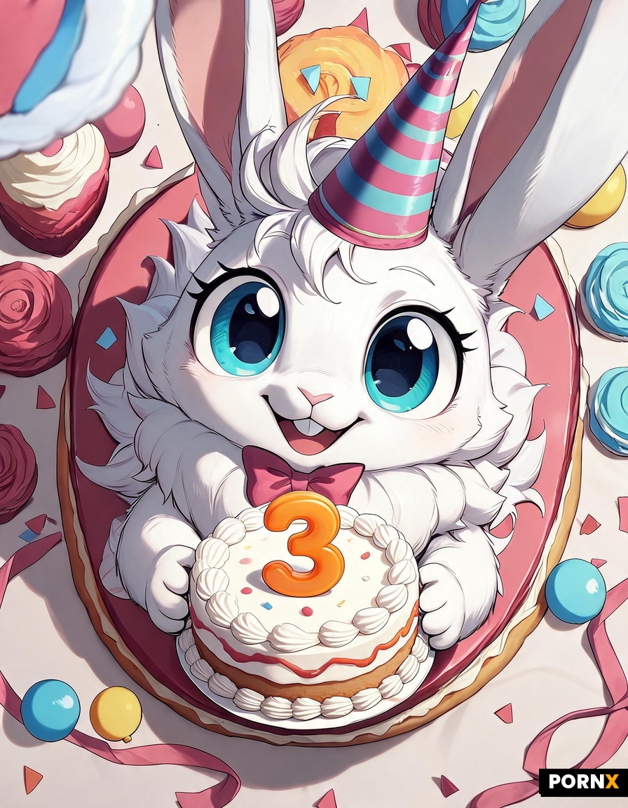 keep the image but let the bunny hold a birthday cake with its paws