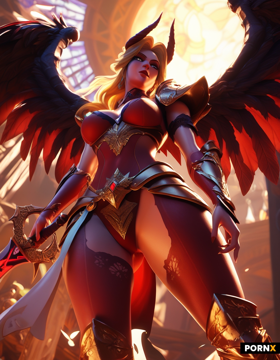 A female angel with long blonde hair hovers over the ground as the sun rises from behind