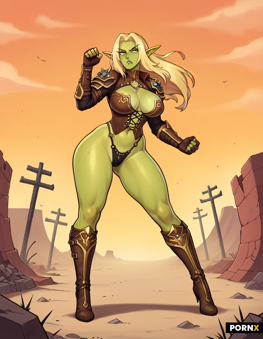 beautiful woman, long blonde hair, tanned skin, large breasts, slim body, fantasy elf armor, leather and gold, revealing, elven ears, post-apocalyptic wasteland, ruins, dust, orange sky, goblin girl, green skin, goblin ears,veryshort person,veryshort girl,full-length figure,standing,angry pose,combat pose,short legs