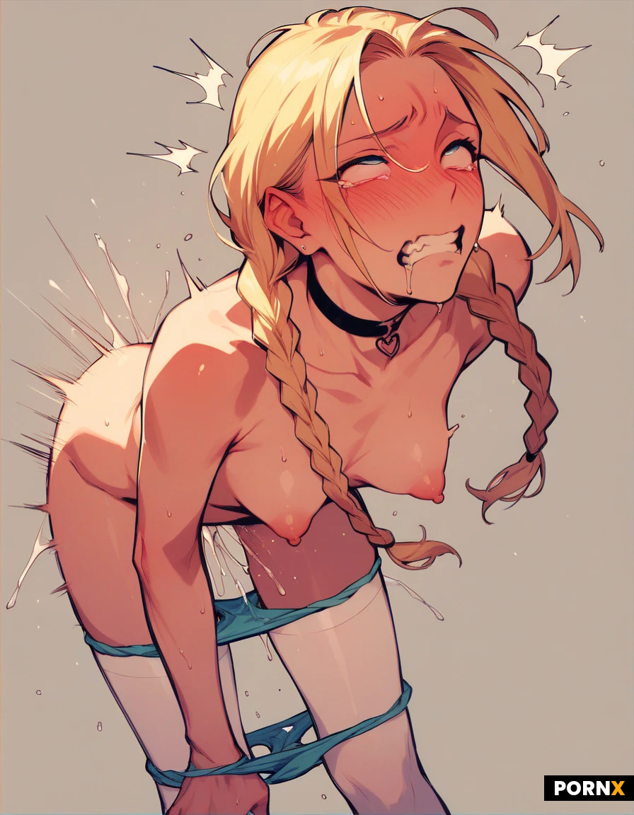 woman, (soft),cute face,blonde braids, clenched teeth, (ahegao),
(slender:1.5), bent over, (thrusting), rough, panties down, choker, puffy nipples, naked, white stockings,blushing
