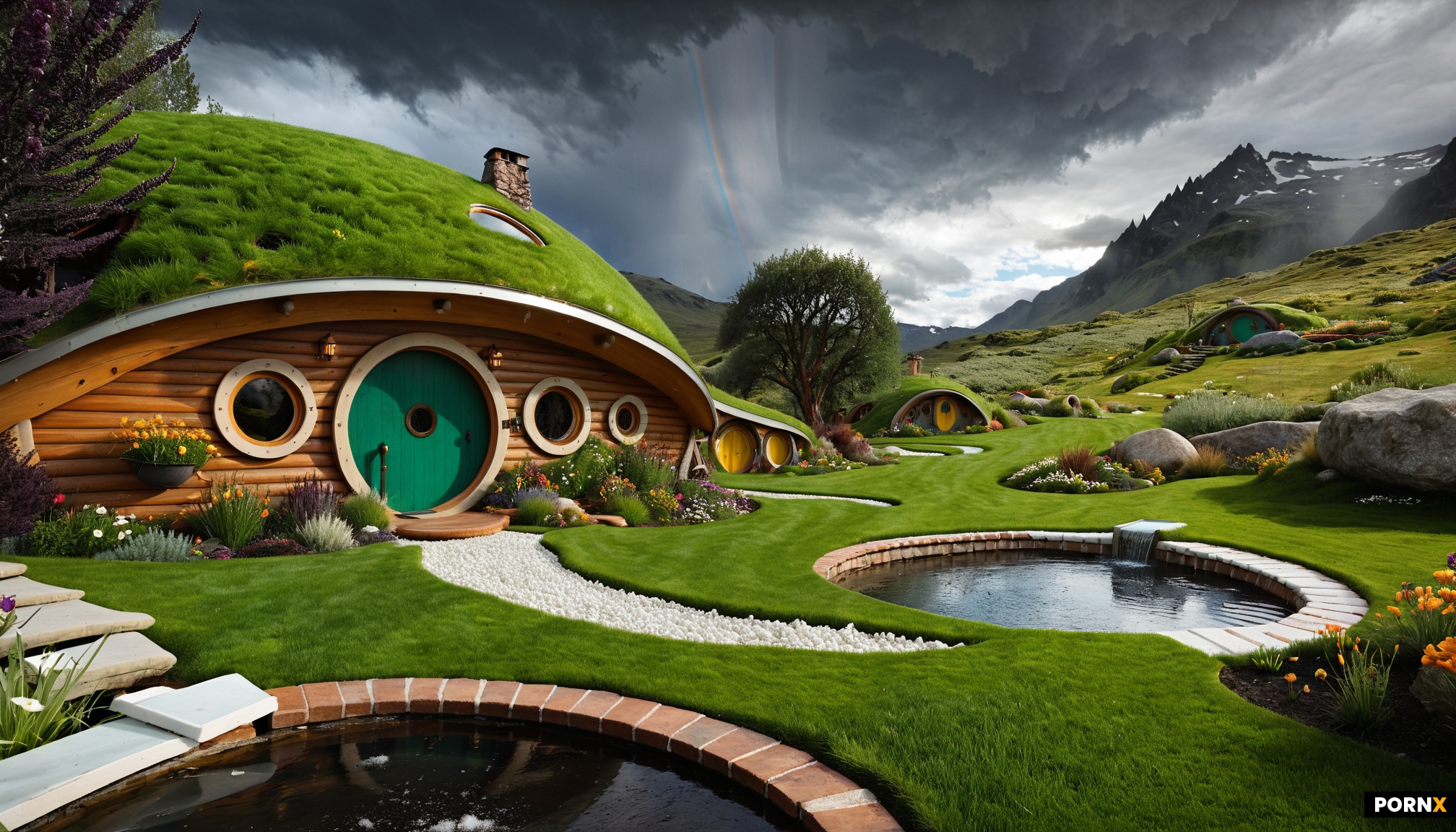 A futuristic sci-fi style hobbit house in the foothills with a big round circular wooden door and ci