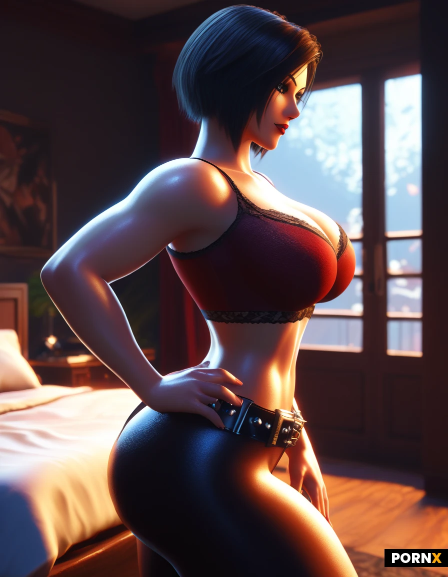 blonde woman, large breasts, huge sculpted ass, round butt, red crop top, black studded belt, white bed in background, black door, white walls, modern bedroom, standing pose, looking at camera, short bob haircut, light skin, red lipstick, confident expression, sexy, curvy, hourglass figure, thick thighs, minimalistic decor, soft lighting, contemporary style, slight side view, hand on hip, bedroom setting, modern furniture