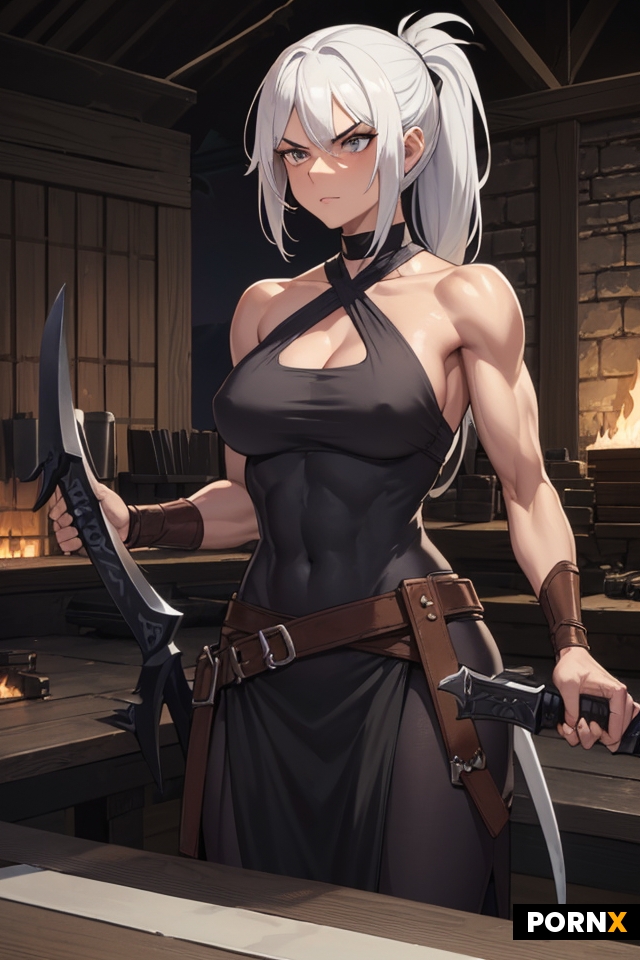 Thin muscular 25-year-old woman in sackcloth pants hammering on a sword